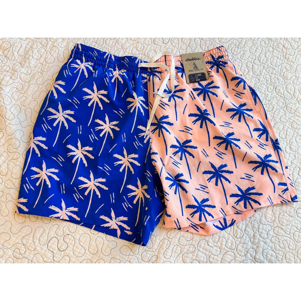 Chubbies Mens XL Swim Trunks Blue Pink Palm Tree Split 5.5‎ Inseam Mesh Liner